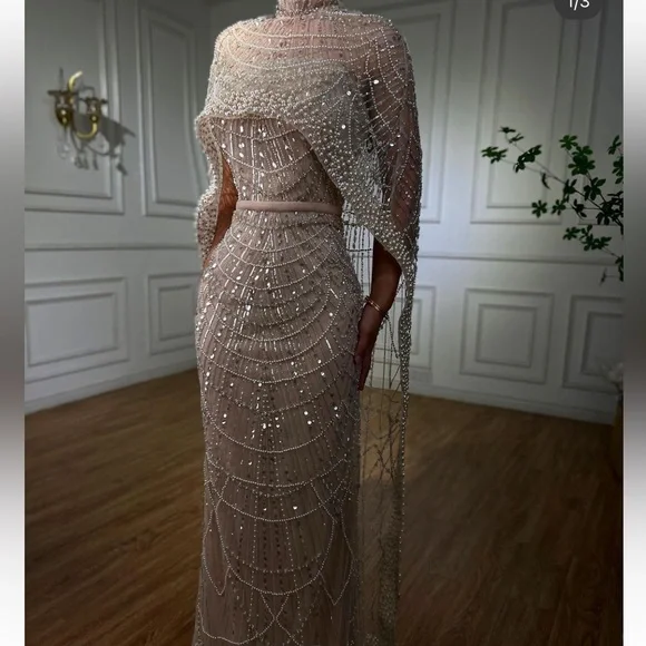 Dubai Arabia  Nude Mermaid  Long  Cape Luxury Evening Dresses Gowns - Picture 3 of 16